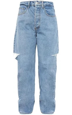 Mid Wash Thigh Split Baggy Boyfriend Jeans