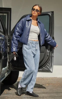 Midnight Blue Faux Leather Collar Detail Puffer Jacket