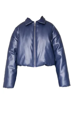 Midnight Blue Faux Leather Collar Detail Puffer Jacket