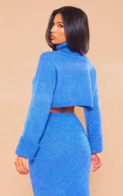 Midnight Blue Tinsel Knit High Neck Oversized Sweater