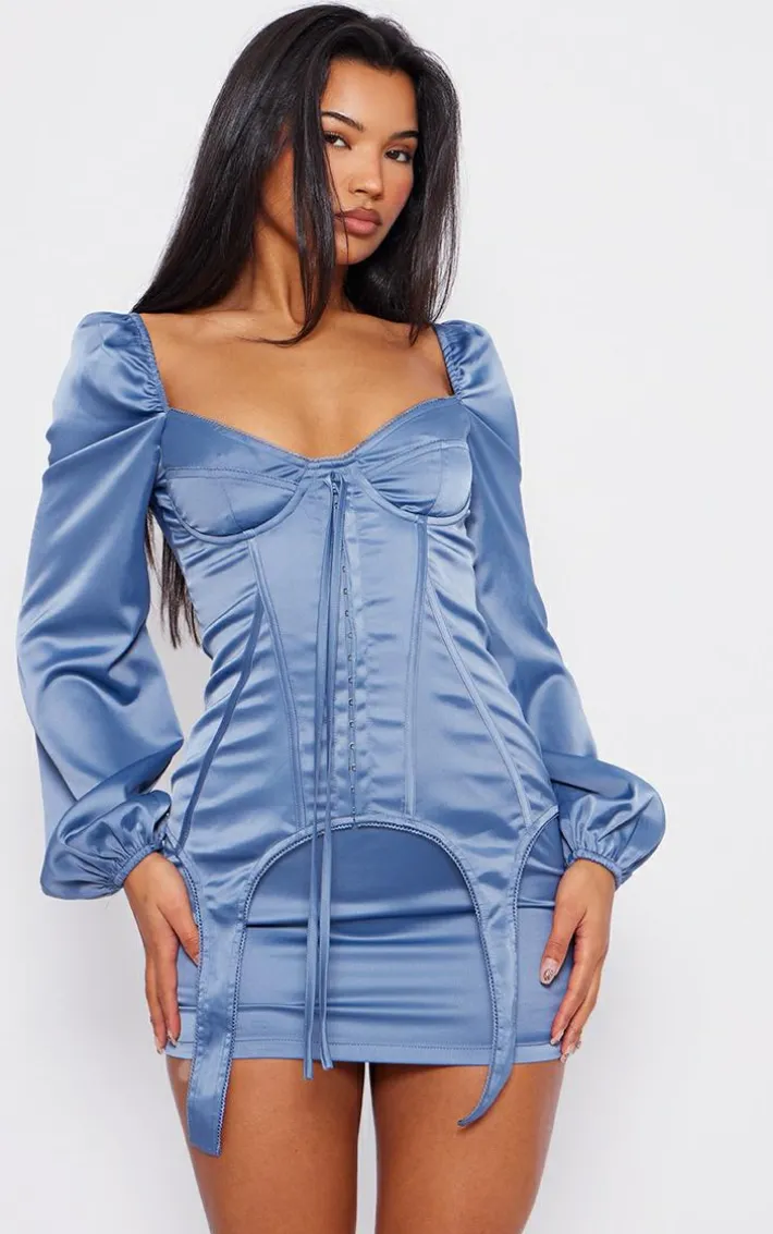 Mineral Blue Satin Balloon Sleeve Cup Detail Mini Dress