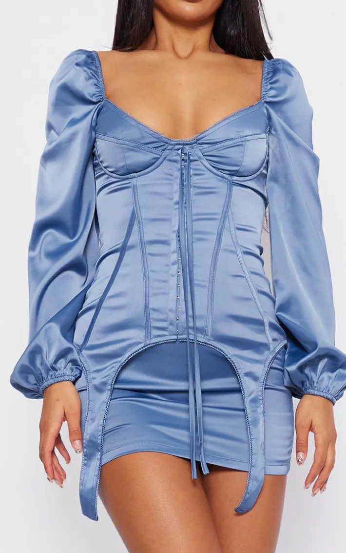 Mineral Blue Satin Balloon Sleeve Cup Detail Mini Dress