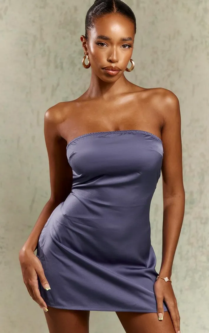 Mineral Blue Satin Bandeau Back Strap Detail Bodycon Dress