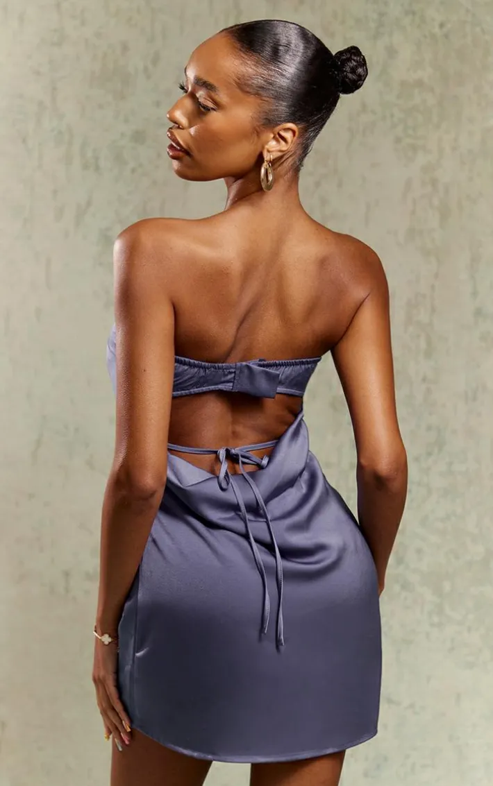 Mineral Blue Satin Bandeau Back Strap Detail Bodycon Dress