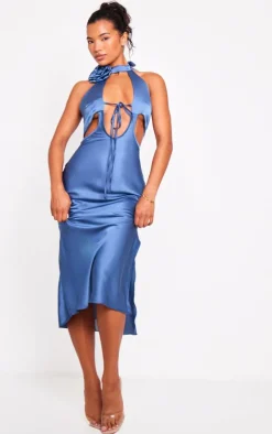 Mineral Blue Satin Rose Applique Cut Out Detail Midi Dress