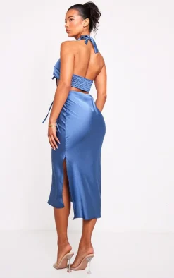 Mineral Blue Satin Rose Applique Cut Out Detail Midi Dress