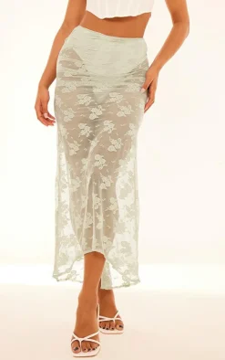 Mint Floral Lace Panties Insert Handkerchief Hem Maxi Skirt