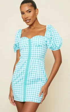 Mint Gingham Corset Floaty Sleeve Bodycon Dress