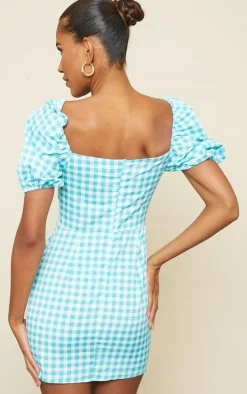 Mint Gingham Corset Floaty Sleeve Bodycon Dress
