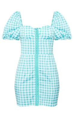 Mint Gingham Corset Floaty Sleeve Bodycon Dress