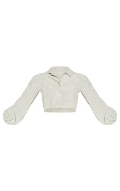 Mint Gingham Cross Back Puff Sleeve Crop Shirt