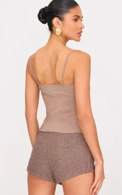 Mocha Bengaline Lace Up Ruched Bust Top