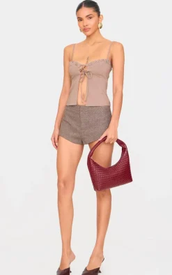 Mocha Bengaline Lace Up Ruched Bust Top