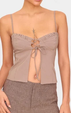Mocha Bengaline Lace Up Ruched Bust Top