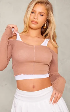 Mocha Burnout Mesh Rib Overlay Crop Top