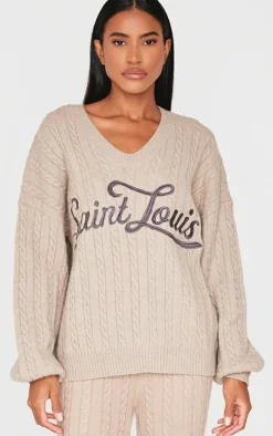 Mocha Cable Knit Embroidered V Neck Sweater