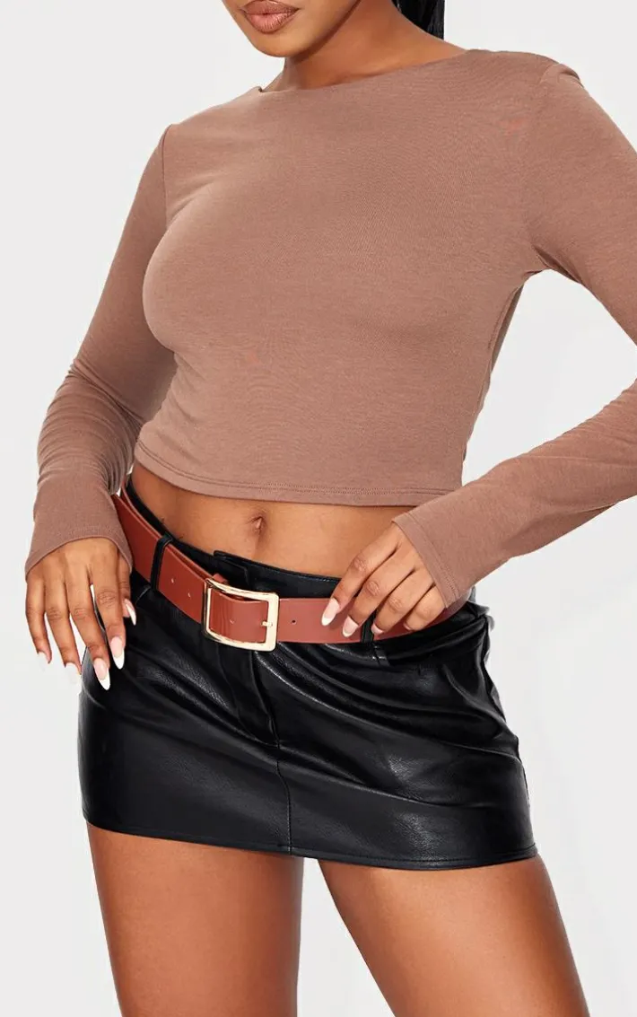Mocha Contour Jersey Buckle Detail Backless Long Sleeve Top