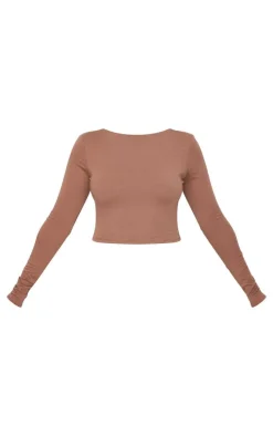 Mocha Contour Jersey Buckle Detail Backless Long Sleeve Top