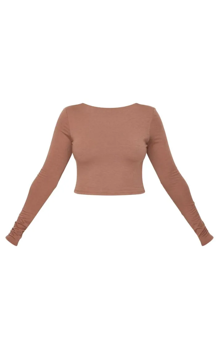 Mocha Contour Jersey Buckle Detail Backless Long Sleeve Top