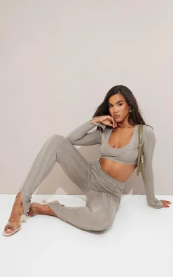 Mocha Contrast Binding Long Sleeve Crop Top