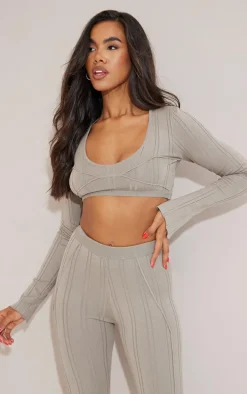 Mocha Contrast Binding Long Sleeve Crop Top