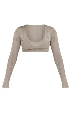 Mocha Contrast Binding Long Sleeve Crop Top
