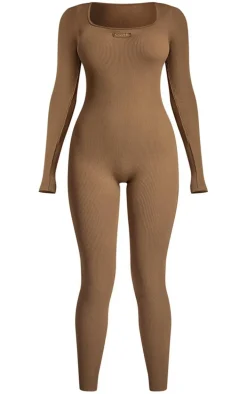 Mocha Core Collection Tab Snatched Rib Square Neck Long Sleeve Jumpsuit
