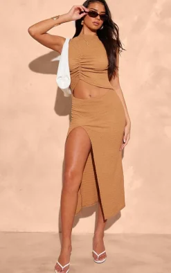 Mocha Crinkle High Neck Cut Out Midi Dress