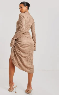 Mocha Crinkle High Neck Wrap Midi Dress