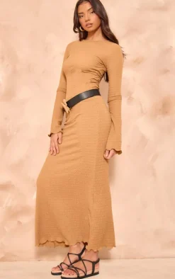 Mocha Crinkle Textured Lettuce Hem Long Sleeve Maxi Dress