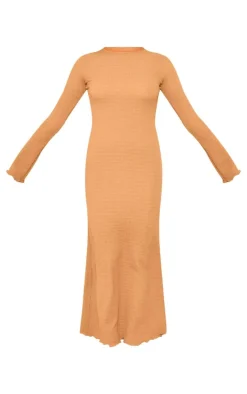 Mocha Crinkle Textured Lettuce Hem Long Sleeve Maxi Dress