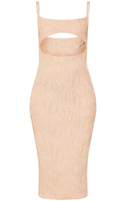 Mocha Crinkled Strappy Cut Out Waist Midi Dress