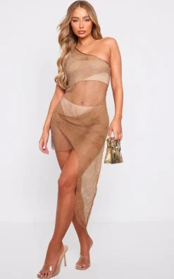Mocha Diamante Fishnet One Shoulder Bodycon Dress