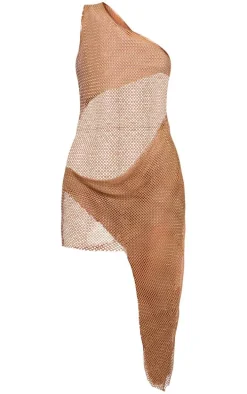 Mocha Diamante Fishnet One Shoulder Bodycon Dress
