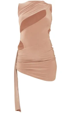 Mocha Extreme Cut Out Knot Detail Slinky Bodycon Dress