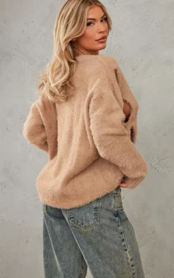 Mocha Eyelash Knit Cut Out Oversized Cardigan