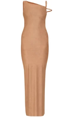 Mocha Faux Suede Twist Shoulder Maxi Dress