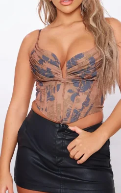 Mocha Floral Printed Strappy Pleated Bust Corset Detail Crop Top