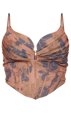 Mocha Floral Printed Strappy Pleated Bust Corset Detail Crop Top