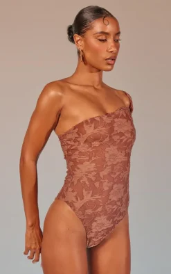 Mocha Floral Sheer Burnout Asymmetric Twist Detail Strap Bodysuit