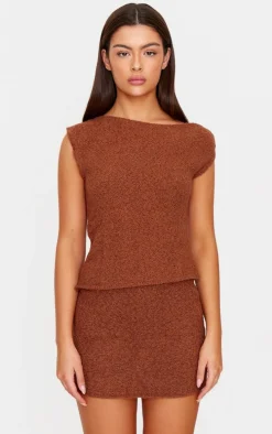 Mocha Fluffy Boucle Knit Asymmetric Ruched Shoulder Top