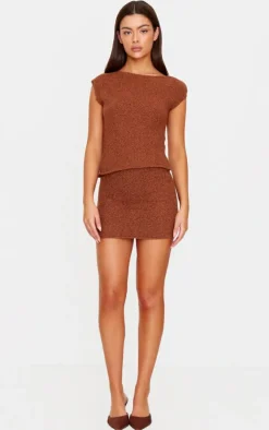 Mocha Fluffy Boucle Knit Asymmetric Ruched Shoulder Top