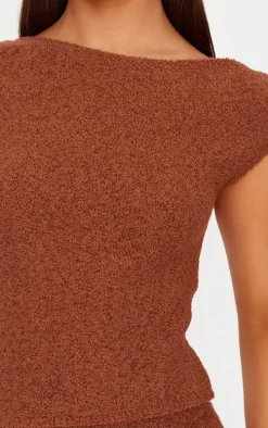 Mocha Fluffy Boucle Knit Asymmetric Ruched Shoulder Top