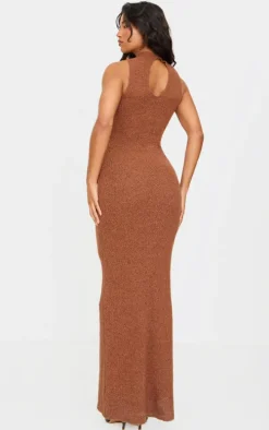 Mocha Fluffy Boucle Knit Racer Maxi Dress