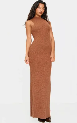 Mocha Fluffy Boucle Knit Racer Maxi Dress