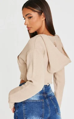 Mocha Knitted Zip Up Distressed Detail Cropped Sweater