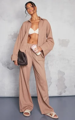 Mocha Linen Look Bum Pocket Oversized Wide Leg Pants