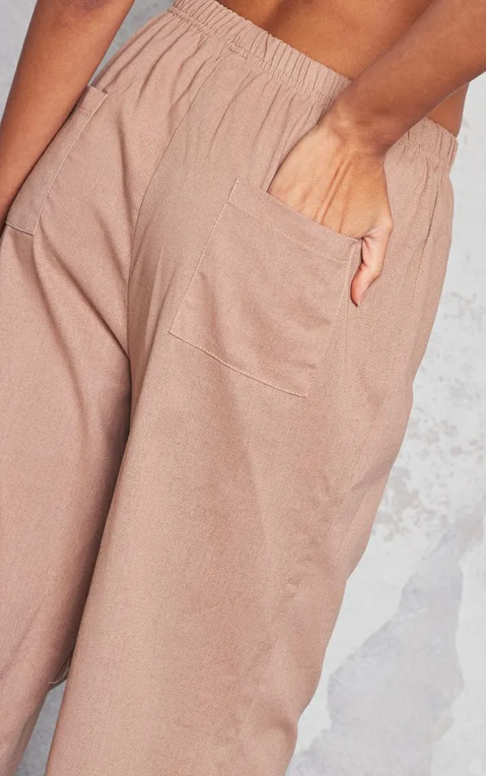 Mocha Linen Look Bum Pocket Oversized Wide Leg Pants