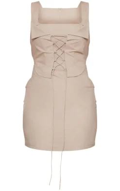 Mocha Linen Look Corset Detail Square Neck Mini Dress
