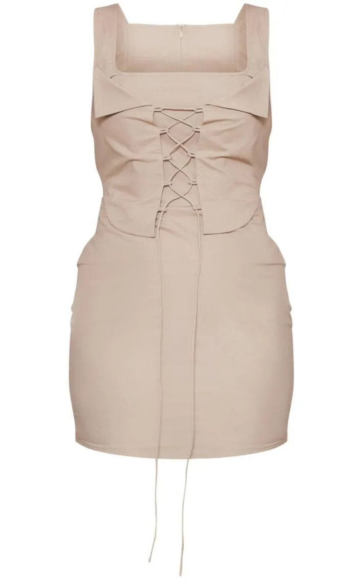 Mocha Linen Look Corset Detail Square Neck Mini Dress